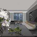 Modern Luxury Open Living And Dining Room With Comfortable Leather Sofa And Panoramic City View