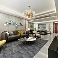 Modern Luxury Living And Dining Room With Exquisite Gold Chandelier And Comfortable Home Furnishings