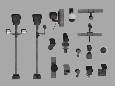 Projection Monitoring Security Equipment With Various Dome Bullet Cameras And Poles 3d model