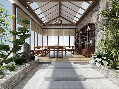Serene Chinese Villa Balcony With Wooden Furniture Bookshelves Green Plants Glass Roof And Stone Decorations 3d model