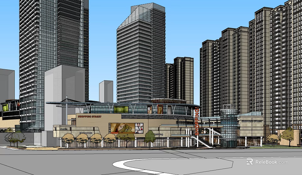 Modern Commercial Street Design With High Rise Buildings And Retail Shops 3d model 