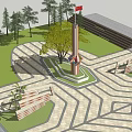 Cylindrical Landscape Sculpture With Red Flag On White Base Surrounded By Trees And Geometric Paving
