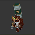 Mythical 3D Warrior Character With Red Body Golden Helmet Large Hammer Block Green Accents