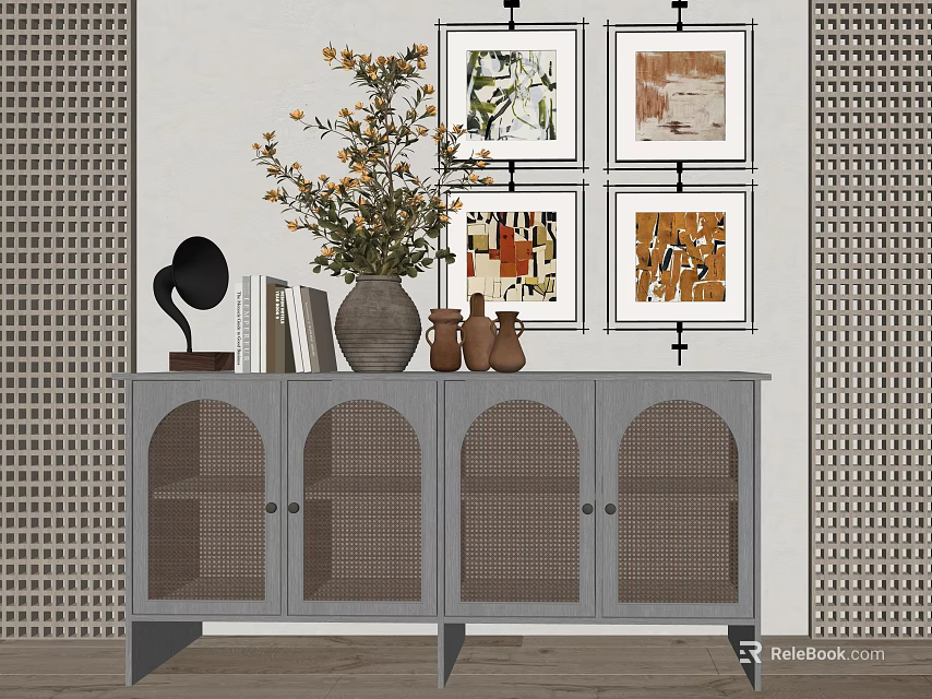Stylish Ceramic Vase With Fresh Flowers On Grey Cabinet And Framed Wall Art 3d model 