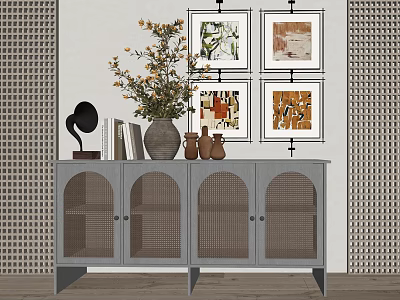 Stylish Ceramic Vase With Fresh Flowers On Grey Cabinet And Framed Wall Art 3d model