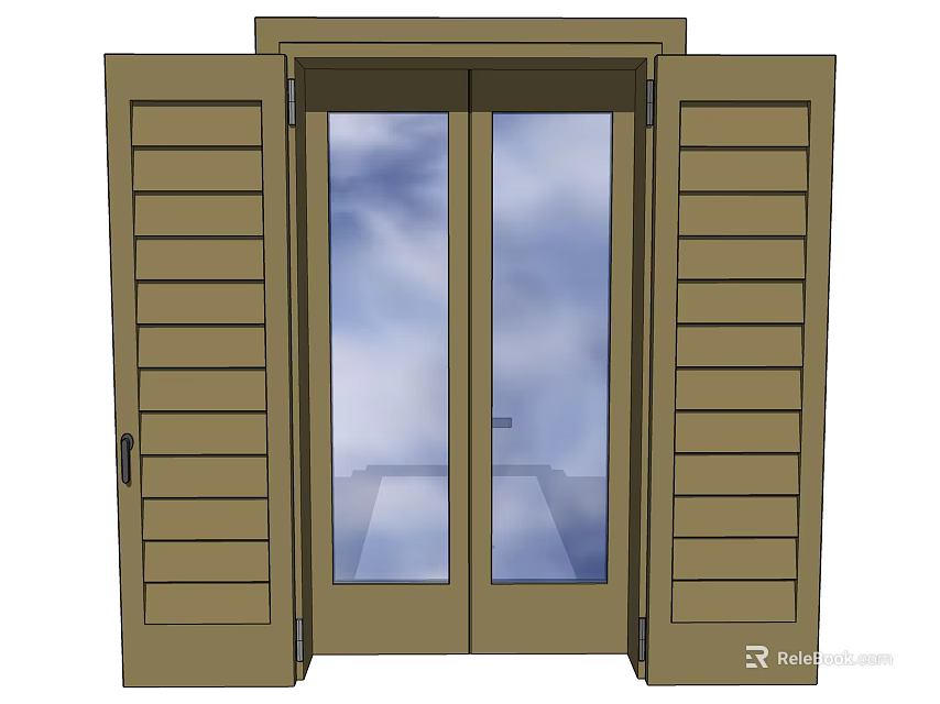 Wooden Double Doors With Shutter Panels And Glass For Outdoor View 3d model 