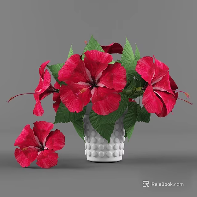 White Polka Dot Vase With Red Hibiscus Flowers Green Leaves And Fallen Bloom 3d model 