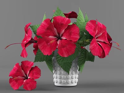 White Polka Dot Vase With Red Hibiscus Flowers Green Leaves And Fallen Bloom 3d model