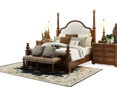 Traditional Wooden Four Poster Double Bed With Bedside Tables Lamps Bench And Area Rug 3d model