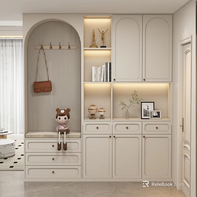 White Shoe Cabinet With Bookshelf Decorations Hooks Lighting And Stuffed Toy 3d model 