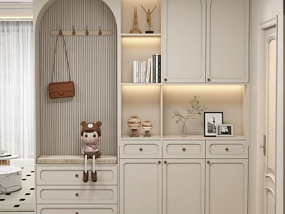 White Shoe Cabinet With Bookshelf Decorations Hooks Lighting And Stuffed Toy 3d model