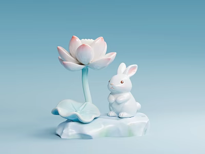 White Rabbit And Pink White Lotus Sculpture On Stone Base With Light Blue Background 3d model