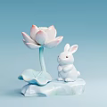 White Rabbit And Pink White Lotus Sculpture On Stone Base With Light Blue Background