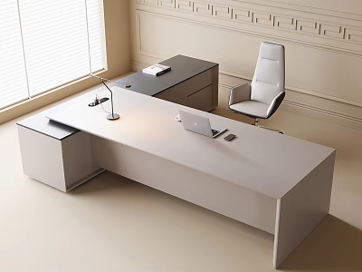 Modern L Shaped Office Desk with White Chair Laptop Desk Lamp and Documents 3d model