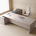 Modern L Shaped Office Desk with White Chair Laptop Desk Lamp and Documents