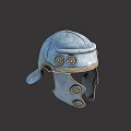 Ancient Roman Metal Helmet With Decorative Circular Emblems And Chin Strap Design