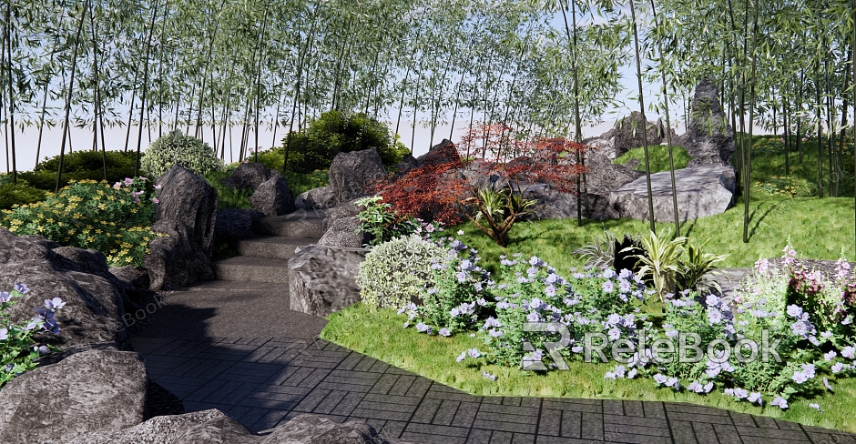 New Chinese Style Garden Landscape Residential Quarter Landscape Bamboo Forest with Road Landscape Step Under Forest House Room rockery stone ice crack stone road model