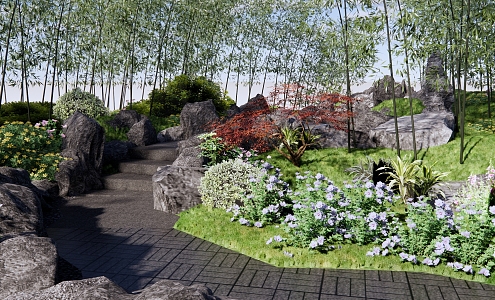 New Chinese Style Garden Landscape Residential Quarter Landscape Bamboo Forest with Road Landscape Step Under Forest House Room rockery stone ice crack stone road 3d model