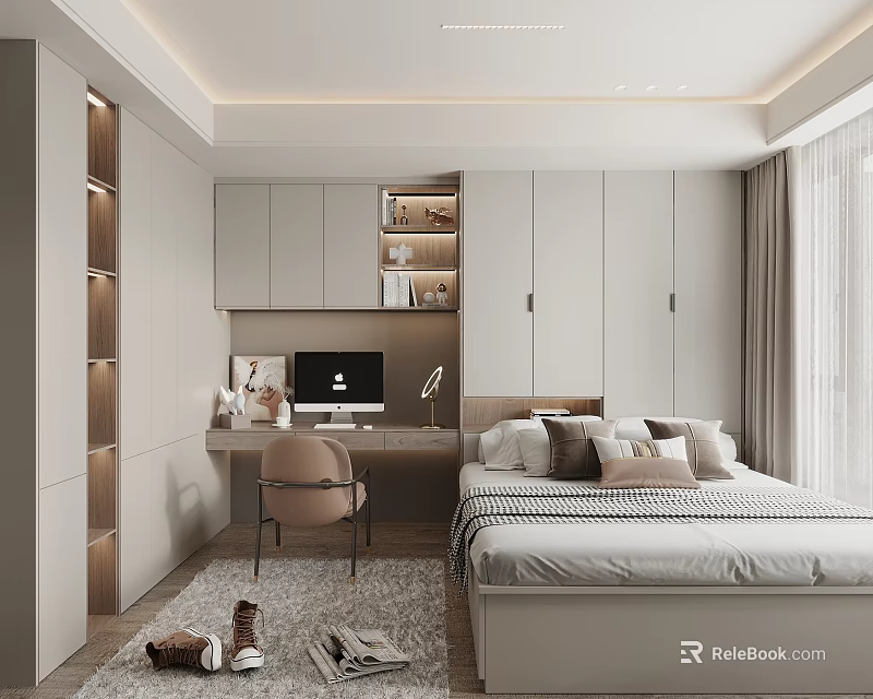 Modern Tatami Bedroom Interior With Bed Desk Chair Built in Storage Cabinets And Minimalist Design 3d model 