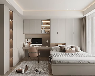 Modern Tatami Bedroom Interior With Bed Desk Chair Built in Storage Cabinets And Minimalist Design 3d model