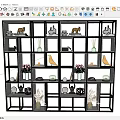 Modern Decorative Shelf Unit with Black Frame and White Shelves Displaying Vases Sculptures Plants