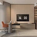Elegant Hotel Room Interior With Gray Headboard Wall Art Large Windows And Orange Chair