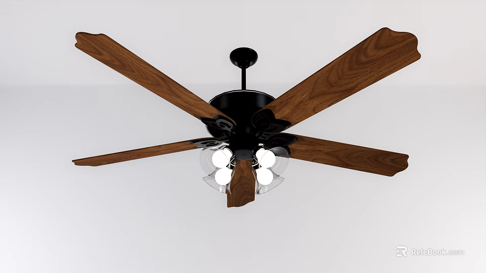 Ceiling Fan With Wooden Blades Black Body And Transparent Lampshades With Bulbs 3d model 