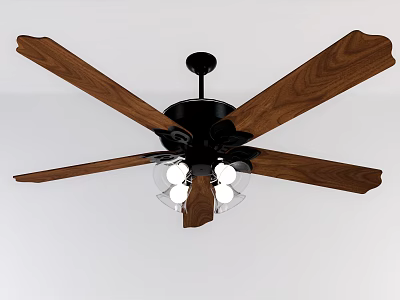 Ceiling Fan With Wooden Blades Black Body And Transparent Lampshades With Bulbs 3d model