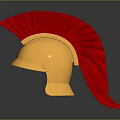 Ancient Warrior Weapon Helmet In Golden Shade With Red Plume And Metallic Design