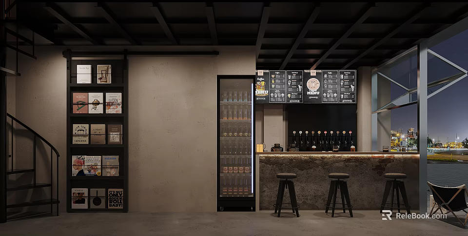 Industrial Style Cafe Interior With Bar Counter High Stools Menu Boards And Beverage Fridge 3d model 