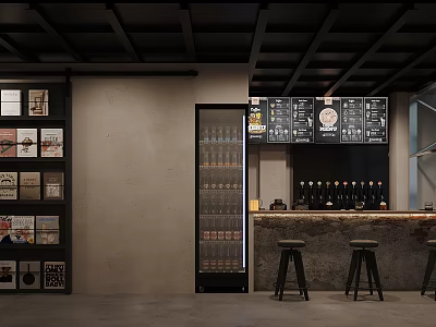 Industrial Style Cafe Interior With Bar Counter High Stools Menu Boards And Beverage Fridge 3d model