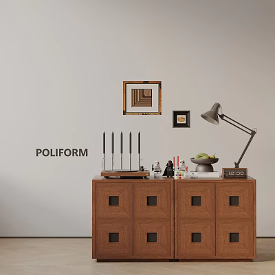 Wooden Console Cabinet with POLIFORM Sign Decorative Items Table Lamp Fruit Bowl and Wall Art 3d model