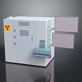 White Radiation Equipment With Control Panel Display Screens And Radioactive Warning Sign