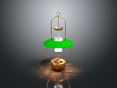 Vintage Kerosene Lamp With Brass Base Green Shade Glass Container And Metal Frame 3d model