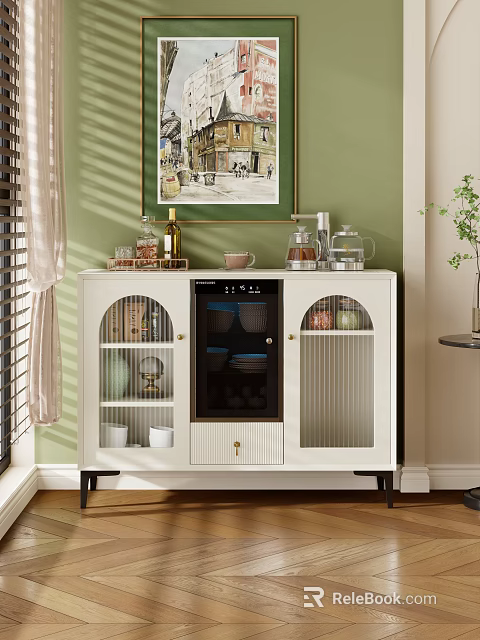 White Tea Cabinet With Glass Doors And Decorative Items On Top With Green Wall Background 3d model 