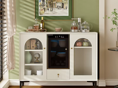 White Tea Cabinet With Glass Doors And Decorative Items On Top With Green Wall Background 3d model