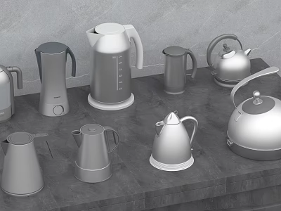Modern Metallic Tea Sets With Various Designs Displayed On Gray Countertop 3d model