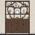 Chinese Wooden Carved Antique Shelf With Vases Plates And Decorative Ornaments