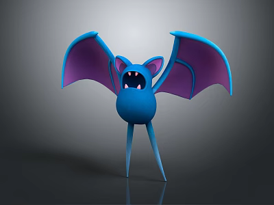 Blue Bat Game Movie Character With Purple Spread Wings Sharp Fangs And Standing Pose 3d model