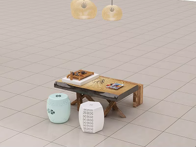 Wooden Tea Table and Chairs With Ceramic Stools and Pendant Lights on Light Tile Floor 3d model