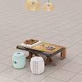 Wooden Tea Table and Chairs With Ceramic Stools and Pendant Lights on Light Tile Floor