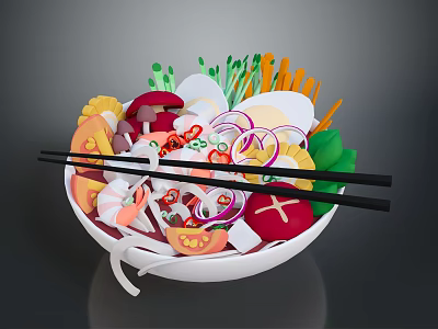 Fresh Colorful Food Bowl With Assorted Vegetables Shrimp Onions And Chopsticks 3d model