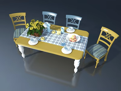Hinged Door In Dining Space With Yellow Tabletop White Legs Striped Chairs And Yellow Flowers 3d model