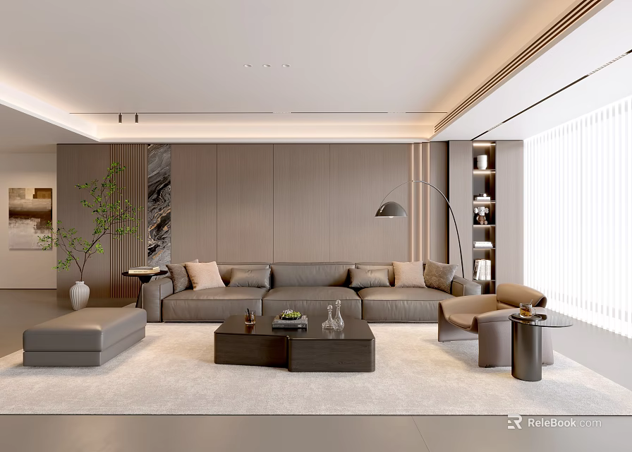 Modern Living Room Interior With Gray Sofa Coffee Table Floor Lamp And Plant 3d model 