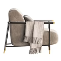 Light Gray Modern Armchair With Black Metal Armrests Gold Legs Gray Cushion And Striped Blanket