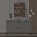 Stylish White Console Cabinet In Modern Entryway With Hexagonal Wall Decor And Hanging Lights