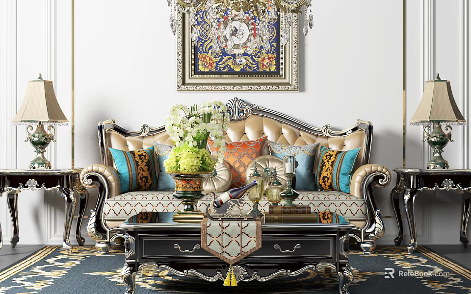 Luxurious Two Seater Sofa With Decorative Pillows Coffee Table And Chandelier Interior 3d model 