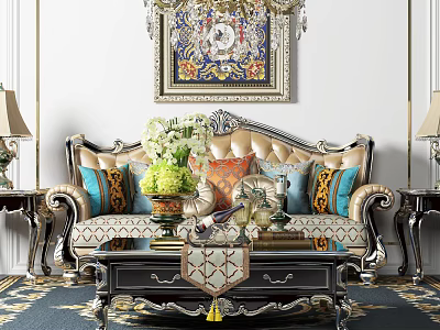 Luxurious Two Seater Sofa With Decorative Pillows Coffee Table And Chandelier Interior 3d model