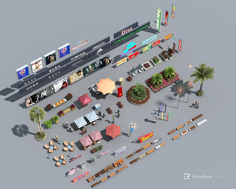 Complete Roadside Facilities With Billboards Street Lamps Seating Palm Trees And Signs 3d model 