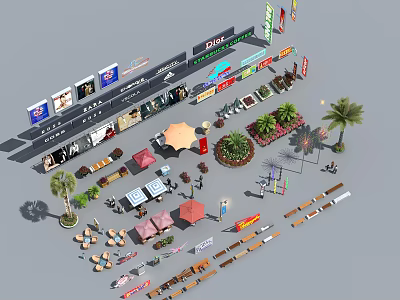 Complete Roadside Facilities With Billboards Street Lamps Seating Palm Trees And Signs 3d model